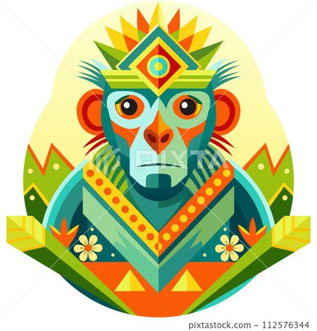 Front view of African mask shaped like a chimpanzee head in geometric style with warm colors Front view of African mask shaped like a chimpanzee head in geometric style with warm colors 112576344