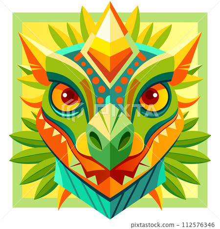 Front view of African mask shaped like a crocodile head in geometric style with warm colors 112576346