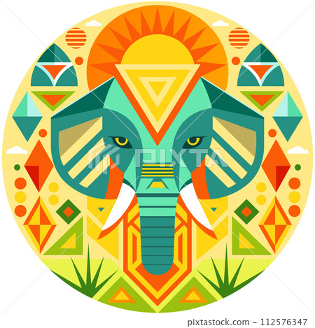 Front view of African mask shaped like an elephant head in geometric style with warm colors 112576347