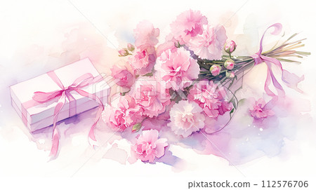 母親節禮物與康乃馨花束的水彩插圖 112576706