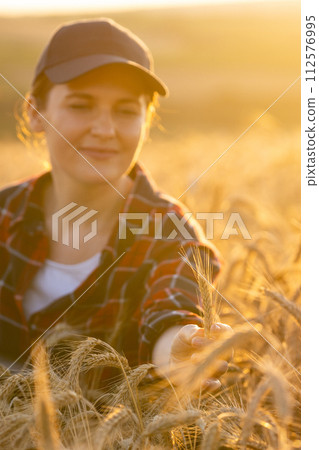 Woman farmer touches the ears of wheat on an agricultural field 112576995