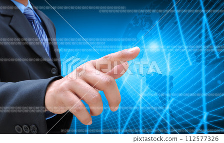 hand pushing button the time on a touch screen interface 112577326