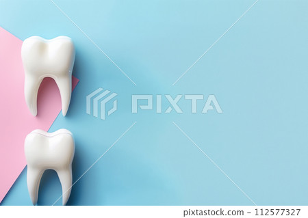 AI-generated content. A model of two teeth on a pastel blue and pink background with a copy space. AI-generated content. A model of two teeth on a pastel blue and pink background with a copy space. 112577327
