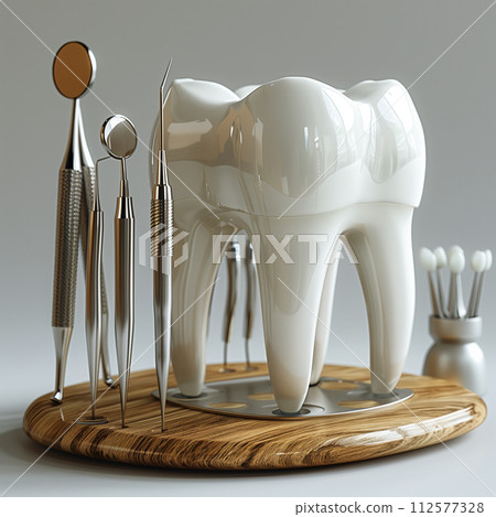 AI-generated content. Dental tools and tooth model on white background. Dental care concept. 112577328