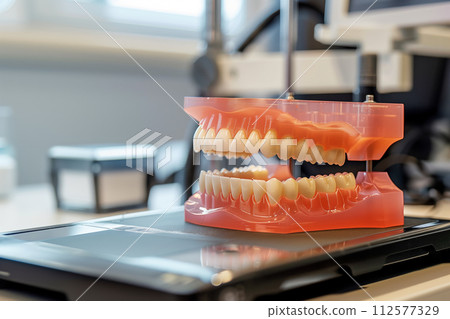 AI-generated content. Dental retainer in dental laboratory. Dentistry and orthodontics concept 112577329