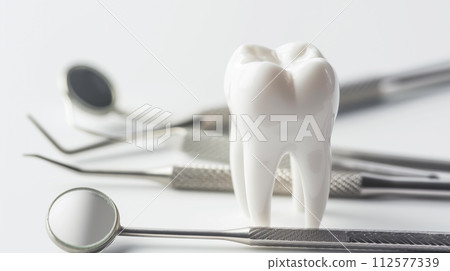 AI-generated content. Dental tools and tooth model on white background. Dental care concept. 112577339