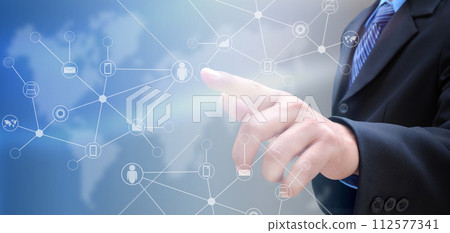 hand pushing button the time on a touch screen interface 112577341