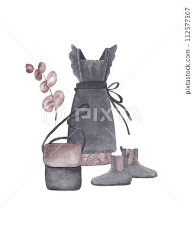 A woman's everyday wardrobe. Isolated watercolor illustration A woman's everyday wardrobe. Isolated watercolor illustration 112577507