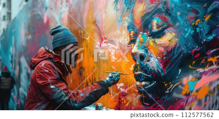 AI-generated content. A man stands on a ladder painting a vibrant mural on a concrete wall with various colors in the urban environment. 112577562