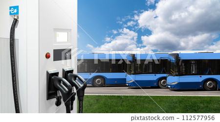 Electric buses with charging station. 112577956