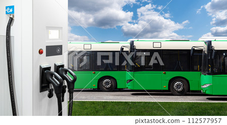 Electric buses with charging station. 112577957