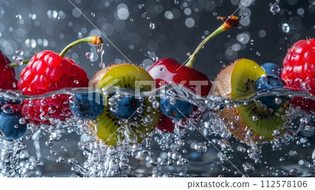 Fruits and berries in water splashes. Healthy food background 112578106