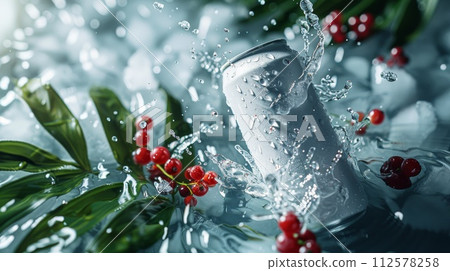 Soda can with red currant splashing in water 112578258