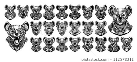 Detailed modern cyborg koala head illustration design bundle 112578311