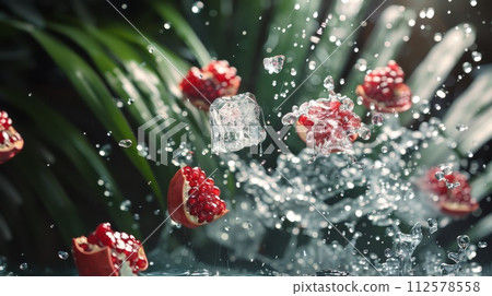 Falling pomegranate fruit with ice cubes on black background 112578558
