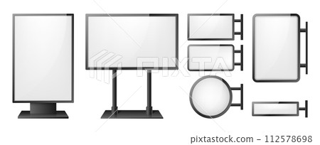 Lightbox layouts in different forms. Signboard for advertising. Realistic city format billboards. Vector illustration. 112578698