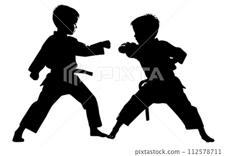 Two Child practicing karate silhouette, Two Child fighters in a match, 112578711