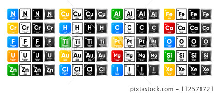 Chemistry elements of Mendeleev table. Collection chemistry elements in different style. Vector illustration. 112578721