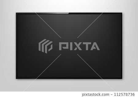 Realistic TV screen. TV screen mockup. Modern stylish lcd panel. Monitor display. Blank television template. Vector illustration. Realistic TV screen. TV screen mockup. Modern stylish lcd panel. Monitor display. Blank television template. Vector illustration. 112578736