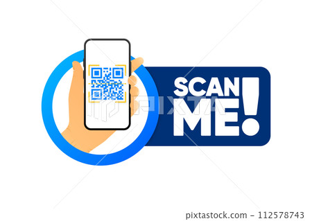 Scan Me concept. QR code for smartphone. Label scan me with smartphone in hand. Qr code for payment and read more. Vector illustration. Scan Me concept. QR code for smartphone. Label scan me with smartphone in hand. Qr code for payment and read more. Vector illustration. 112578743
