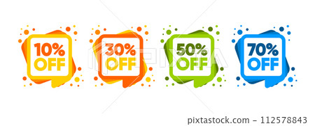 Sale Discount labels. Special Offer Price. 10, 30, 50 and 70 percent off reduction symbols. Colored elements. Vector illustration. 112578843
