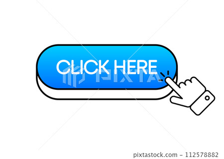Click Here button. 3d style. Button with hand pointer clicking. Vector illustration. Click Here button. 3d style. Button with hand pointer clicking. Vector illustration. 112578882