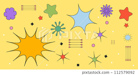 Vector illustration. Set of stars, geometry figures different colors in drawn cartoon art style against yellow background. Icons and graphics. Minimalist design. Vector illustration. Set of stars, geometry figures different colors in drawn cartoon art style against yellow background. Icons and graphics. Minimalist design. 112579092