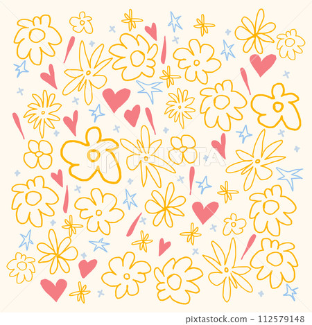 Vector illustration. Simple minimalistic seamless pattern of flowers and hearts in drawn doodle art style. Graphic design for paper, textile print, stamps, page fill. 112579148