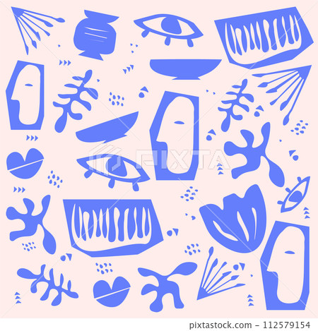 Trendy vector illustration. Set of contemporary hand painted violet various shapes and floral objects against pastel pink background. Drawn doodle art style. Trendy vector illustration. Set of contemporary hand painted violet various shapes and floral objects against pastel pink background. Drawn doodle art style. 112579154