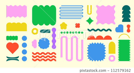 Vector illustration. Set of pastel colors ornaments, geometry shapes in drawn cartoon art style against yellow background. Icons and graphics. Minimalist design. 112579162