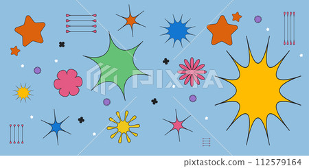 Vector illustration. Set of stars, geometry figures different colors in drawn cartoon art style against blue background. Icons and graphics. Minimalist design. 112579164