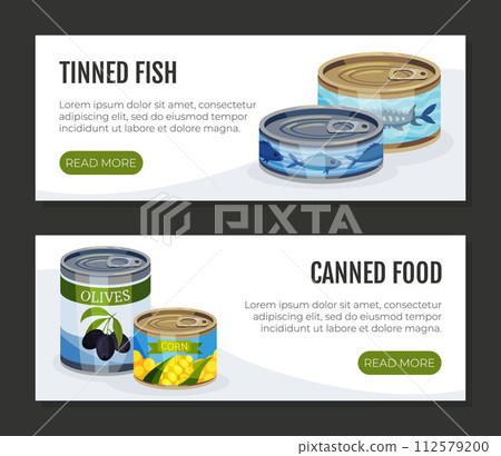 Canned Food Banner Design with Preserved Product Vector Template Canned Food Banner Design with Preserved Product Vector Template 112579200