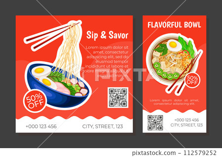 Asian Soup Food Banner Design with Tasty Noodle Dish in Bowl with Chopstick Vector Template 112579252