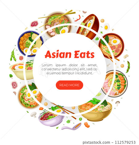 Asian Soup Food Banner Design with Tasty Noodle Dish in Bowl with Chopstick Vector Template 112579253