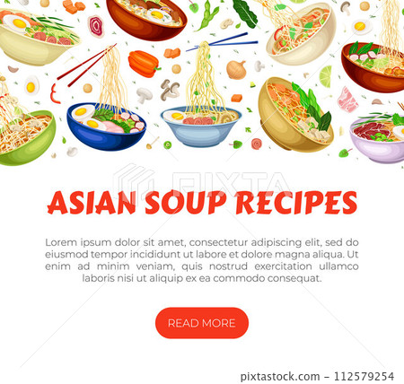Asian Soup Food Banner Design with Tasty Noodle Dish in Bowl with Chopstick Vector Template 112579254