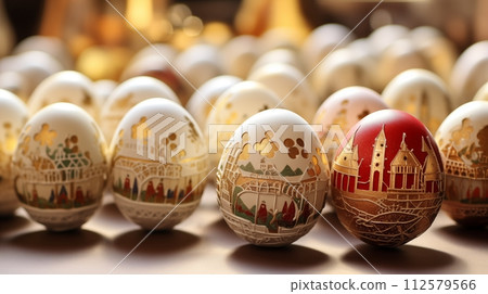 Sharing Easter traditions through religiously decorated Easter eggs.AI Generated 112579566