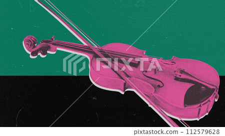 Pink wooden violin on green background. Concert of classical music, history of melodies. Pink wooden violin on green background. Concert of classical music, history of melodies. 112579628