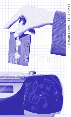 Hand placing cassette tape into boombox, monochrome with musical notes. Advertising visual for a retro music-themed event, party. Hand placing cassette tape into boombox, monochrome with musical notes. Advertising visual for a retro music-themed event, party. 112579631
