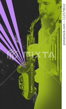 Young man playing saxophone, making performance, concert. Concept of music festival and inspiration, party. 112579632