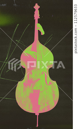 Green and pink cello on black background. Classical cello performance, classical orchestral music 112579633
