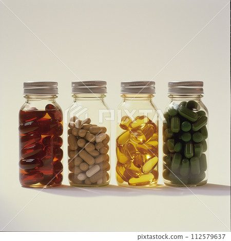 Set of various colorful tablets and capsules in different glass or plastic jars. 112579637