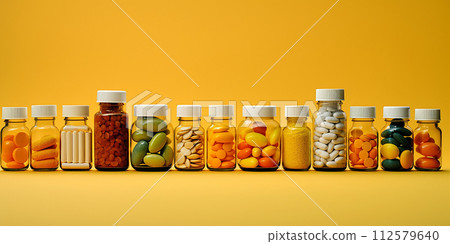 Set of various colorful tablets and capsules in different glass or plastic jars. 112579640