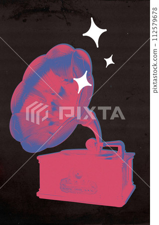 Colorful illustration of record player, gramophone in shades of pink and purple. Collection of antique music items. Colorful illustration of record player, gramophone in shades of pink and purple. Collection of antique music items. 112579678