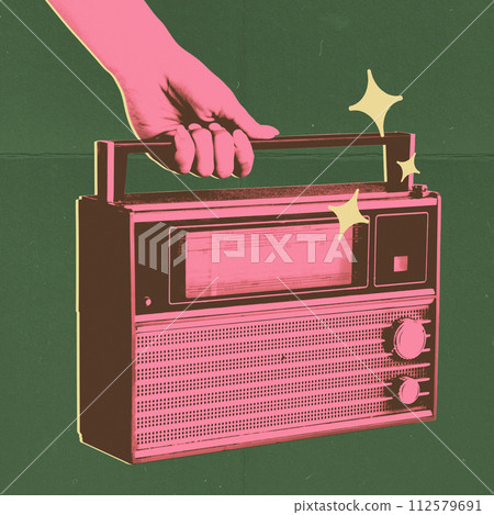 Illustration of hand holding retro radio with stars. Dual-tone image. Poster for a music festival with a throwback theme. Illustration of hand holding retro radio with stars. Dual-tone image. Poster for a music festival with a throwback theme. 112579691