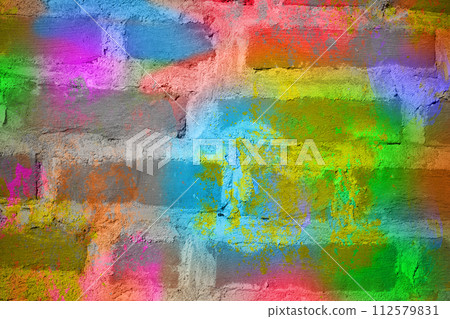 Brick wall with multi-colored paint close-up. Background brick creative. Brick wall with multi-colored paint close-up. Background brick creative. 112579831