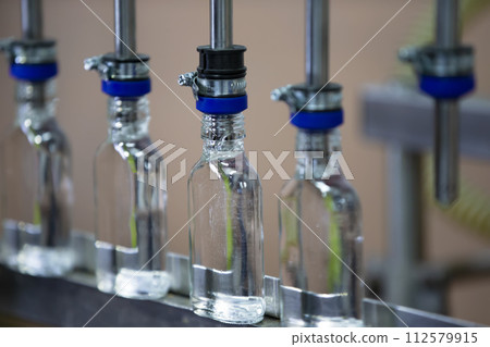 A row of glass bottles on a conveyor belt for the production of alcoholic beverages. 112579915