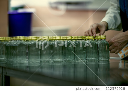 A row of glass bottles on a conveyor belt for the production of alcoholic beverages. 112579926