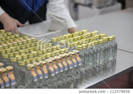 A row of glass bottles on a conveyor belt for the production of alcoholic beverages. 112579938