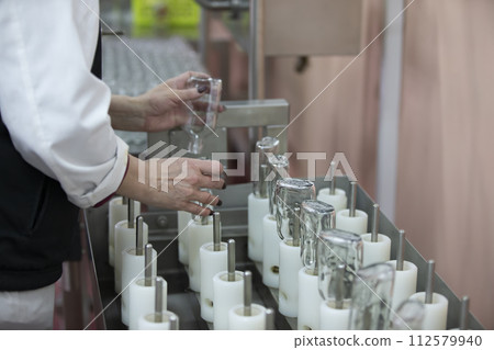 A row of glass bottles on a conveyor belt for the production of alcoholic beverages. 112579940