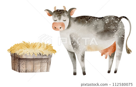 Cute farm animal. Watercolor illustration of a cartoon cow. Cattle agriculture. Poster for children's livestock. Calf, bull funny drawing. 112580075